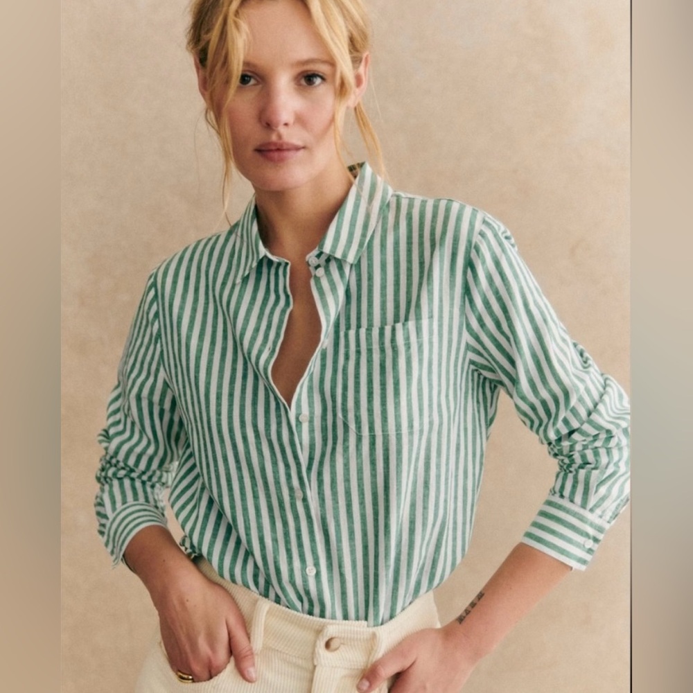Sezane | Tomboy Shirt | Green/Ecru Stripe | Linen Blend | Women's Size 40